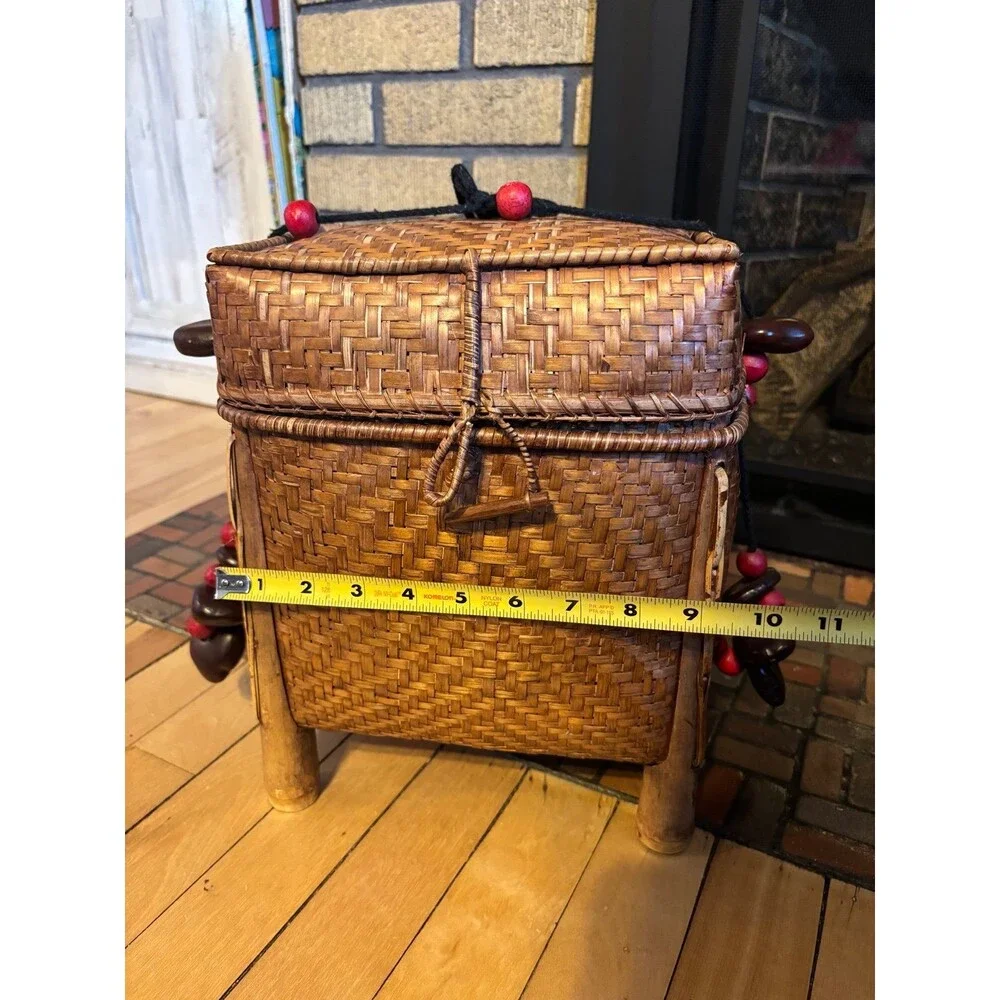 Vtg Bamboo Rattan Handmade Rice Basket With Ball Bead Cording Chinese Japan lid